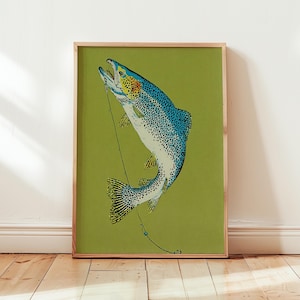 Fishing Wall Art Digital Download, Vintage Trout Poster, Fisherman Cabin Decor, Rustic Nature Print, Lake House Digital Artwork