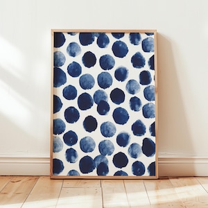 Navy Watercolor Dots Wall Art Print, Modern Abstract Polka Dot Poster, Coastal Minimalist Artwork, Digital Download Printable Decor
