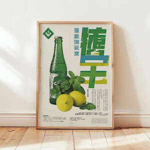 Könnte beinhalten: Gerahmtes Vintage-Poster mit einer grünen Flasche, Zitronen und Minze. Das Poster hat chinesische Schriftzeichen in Grün und Blau, mit kleinerem Text. Das Poster befindet sich in einem Holzrahmen und steht auf einem Holzboden.