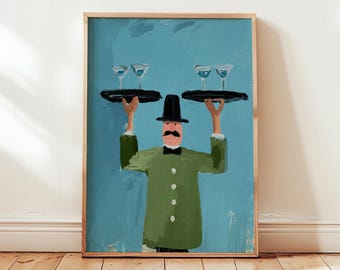 Whimsical Waiter Art Print, Vintage Cocktail Hour Decor, Martini Bar Cart Wall Art, Folk Art Kitchen Decor, Retro Service, Digital Download