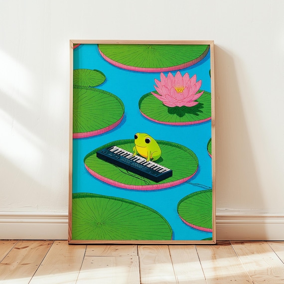 Whimsical Frog Playing Keyboard Art Print, Cute Synth Player Music