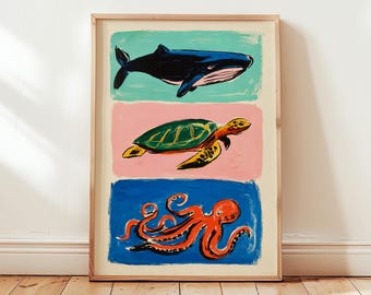 Ocean Animal Poster | Whale Turtle Octopus Wall Art | Coastal Kids Room Decor | Sea Life Nursery Print | Marine Artwork Digital Download