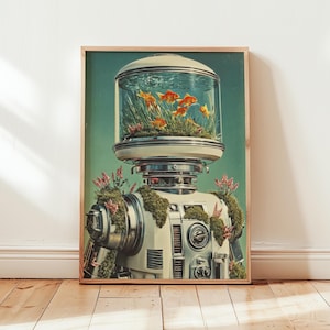 May include: A framed art print featuring a robot with a fishbowl head. The robot's head is a clear, cylindrical fish tank with goldfish and aquatic plants. The robot's body is white with metallic accents and is adorned with moss and flowers.