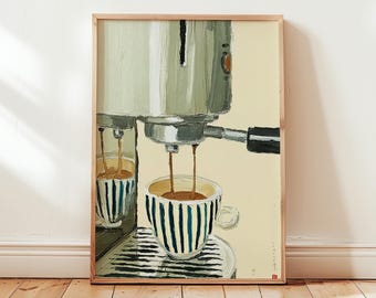 Coffee Machine Wall Art Print, Minimalist Espresso Maker Painting with Striped Mug, Modern Kitchen Barista Decor Artwork Digital Download