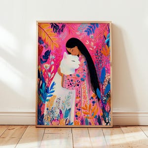 Whimsical Girl and Cat Digital Download Print, Colorful Hugging Cat Wall Art, Vibrant Boho Animal Poster, Playful Pet Printable Decor