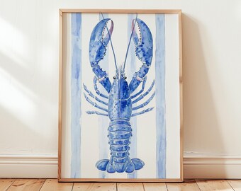 Blue Lobster Wall Art Print met nautische strepen, keukendecor kust, strandhuiskunstwerk, oceaanthema digitale download afdrukbare