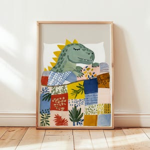 Tryck av dinosaurieillustration | Poster med lapptäcke för sovrum | Inredning för barn | Utskrivbar digital nedladdning