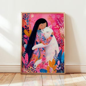 Whimsical Girl and Cat Digital Download Print, Colorful Hugging Cat Wall Art, Vibrant Boho Animal Poster, Playful Pet Printable Decor