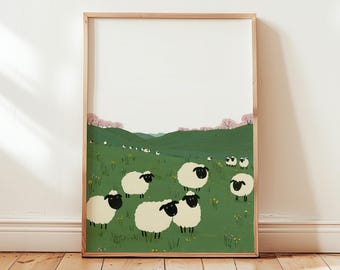 Grillige schapenweide Art Print, Cottagecore boerderij decor, volksdieren kwekerij kunst aan de muur, groene weide lente, digitale download