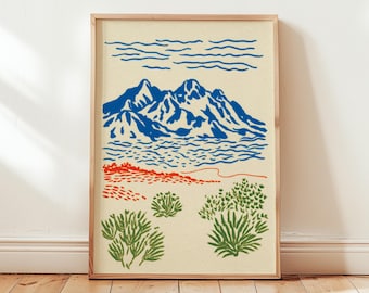 Desert Mountain Digital Download, Modern Landscape Printable Wall Art, Minimalist Nature Poster with Cactus