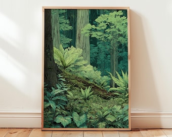 Poster weelderig groen bos, botanische natuur kunst aan de muur, gedetailleerde illustratie bosbomen voor modern interieur