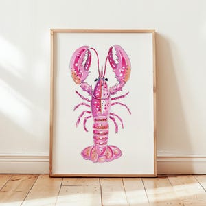 Pink Lobster Wall Art Print, Nautical Coastal Kitchen Decor, Beach House Sea Life Illustration Digital Download