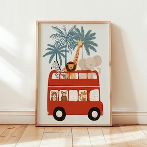 May include: A framed print featuring a red double-decker bus filled with cartoon animals, including a zebra, lion, giraffe, and elephant. Palm trees are in the background. The bus has black wheels and windows with various animal passengers.