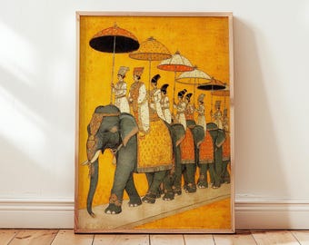 May include: Framed artwork depicting a procession of elephants and figures in traditional attire. The elephants are gray with ornate coverings, and the figures carry umbrellas. The background is a vibrant yellow, with a wooden frame.