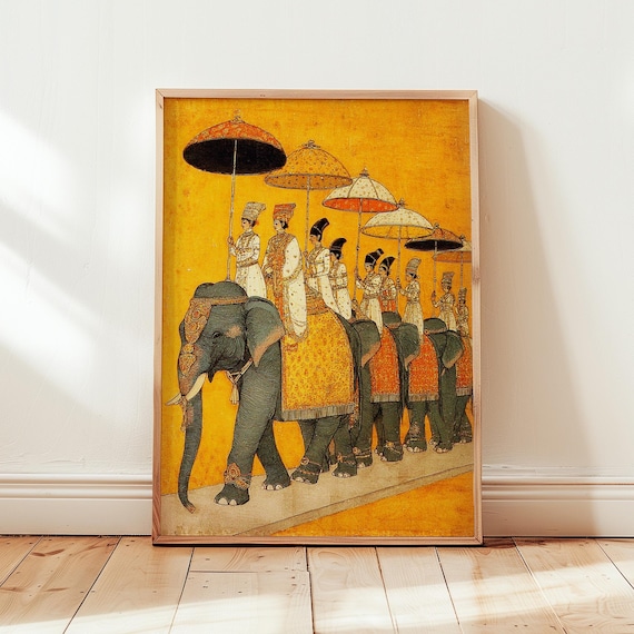 Indian Elephant Procession Wall Art Print, Mughal Painting Style, Yellow Heritage Artwork, Traditional Boho Decor Poster Digital Download