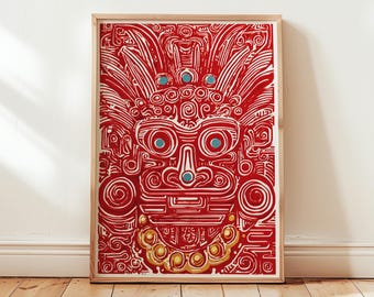 Aztec Mask Art Print, Red Tribal Illustration Poster, Ancient Symbol Design, Mexican Folk Wall Art, Cultural Home Decor Digital Download