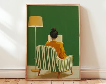 Cozy Reading Woman Wall Art Print, Minimalist Mid Century Modern Poster, Book Lover Illustration, Digital Download