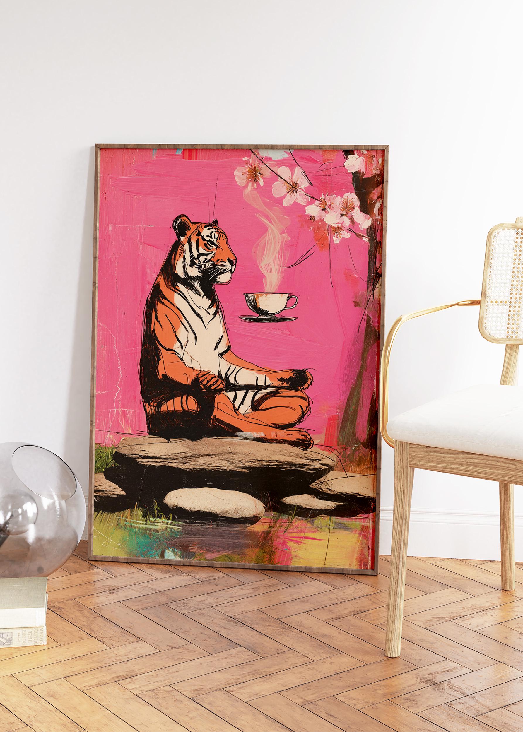 Zen Tiger Art Print, Meditating Animal Poster, Pink Wall Art With