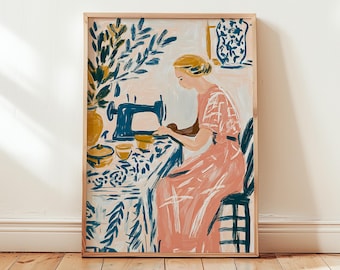 Vintage Sewing Art Print, Woman with Sewing Machine Poster, Retro Craft Room Wall Art, Seamstress Illustration Digital Download