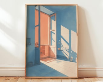 Modern Sunlit Room Wall Art, Minimalist Interior Window Print, Warm Blue and Orange Home Decor Poster, Digital Download