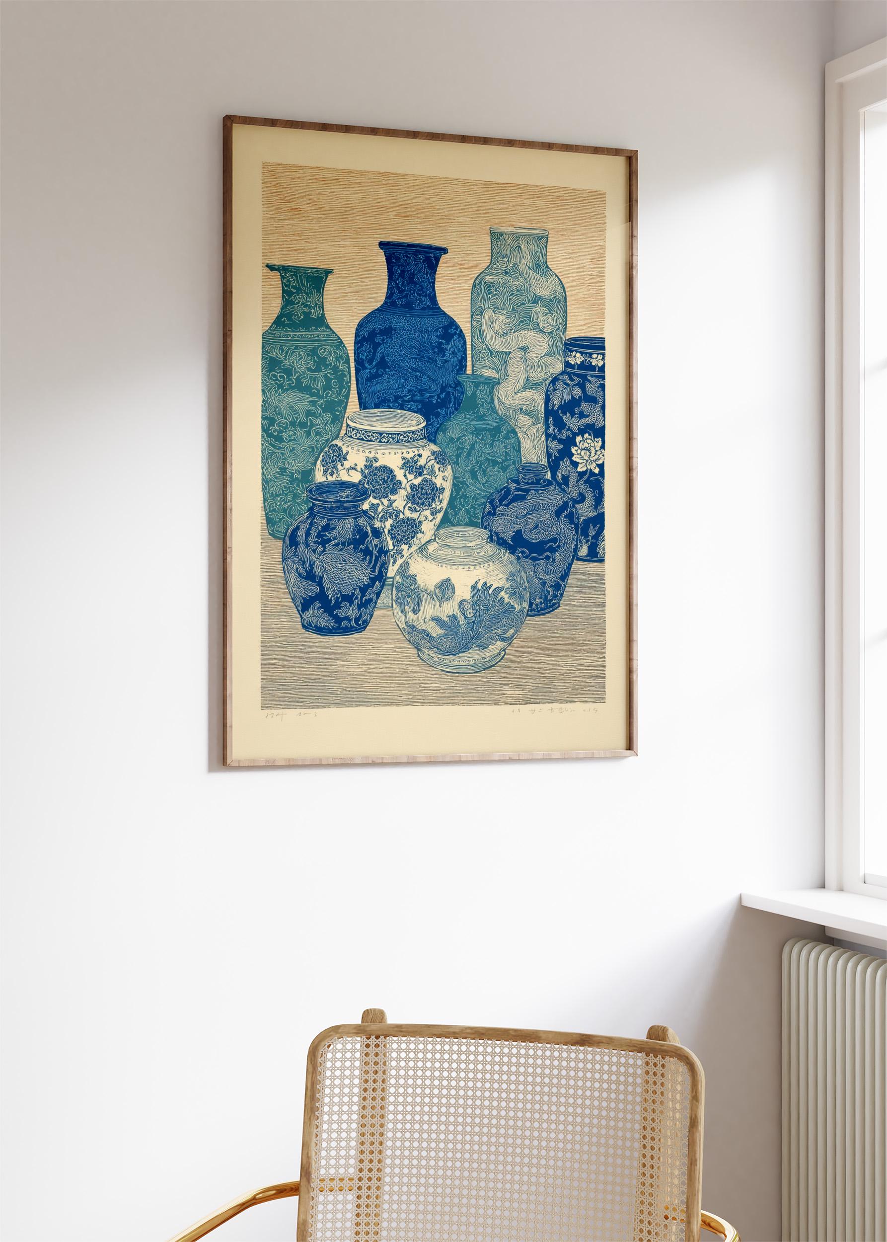 Blue Ceramic Vase Illustration Poster | Vintage Asian Pottery Art ...