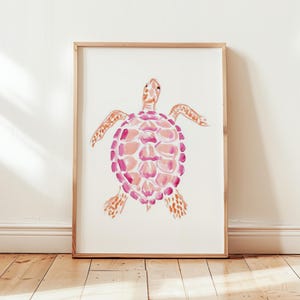 Pink Sea Turtle Wall Art Print, Coastal Nautical Ocean Animal Decor, Beach House Illustration Digital Download
