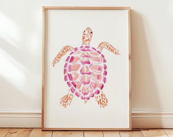 Pink Sea Turtle Wall Art Print, Coastal Nautical Ocean Animal Decor, Beach House Illustration Digital Download