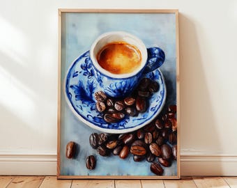 Espresso Coffee Wall Art Print, Blue Ceramic Cup with Coffee Beans Painting, Kitchen Cafe Barista Decor Still Life Artwork Digital Download