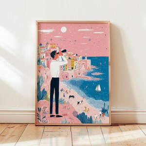 Seaside Village Digital Download Wall Art, Coastal Printable Artwork, Mediterranean Ocean View Poster, Travel Digital Print for Home