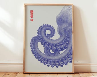 Japanese Octopus Wall Art Print, Blue Nautical Tentacle Illustration, Modern Ocean Sea Life Poster Digital Download