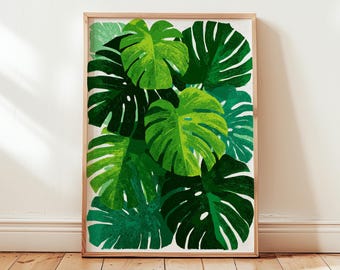 Tropical Monstera Leaf Wall Art, Green Botanical Jungle Print, Modern Plant Poster for Home Decor, Digital Download
