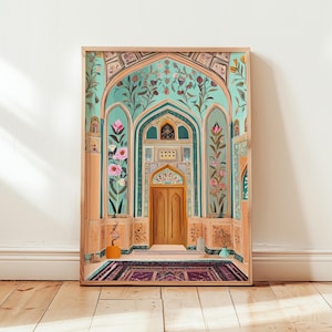 Persian Mosque Wall Art, Islamic Architecture Print with Floral Patterns, Middle Eastern Decor Poster, Digital Download