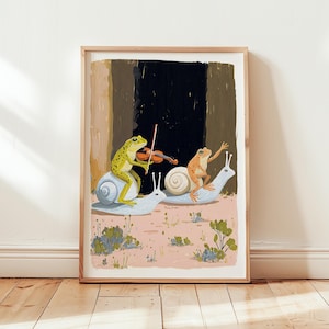 Nyckfull grodakonsttryck, snigelrittillustration, lekfull djurposter, fantasinaturscen, söt barnrumsväggkonst digital nedladdning