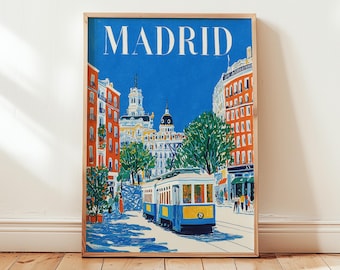 Madrid Travel Poster | Spanish City Illustration With Classic Tram And Architecture | Vintage European Wall Art | Digital Download
