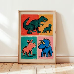 Dinosaurier Kinder Poster Set | Tier Wand Kunst | Bunte Kinderzimmer Poster | Spaß Cartoon Dino Dekor | Spielzimmer Kunstwerk Digitaler Download