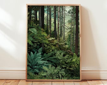 Woodland Forest Digital Download, Botanical Printable Wall Art, Lush Green Nature Trees Poster for Rustic Home Decor