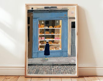 Parisian Bakery Art Print, French Cafe Blue Storefront Illustration, Cobblestone Street Scene, Whimsical Kitchen Decor, Digital Download