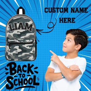 Personalized camouflage school backpack kids, custom kids bag, military style backpack, back-to-school gift, monogrammed kids backpack.