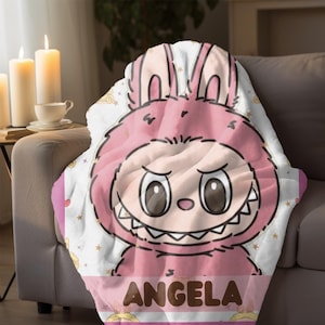 Custom Blanket With Labubu Theme, Personalized Cute Labubu Blanket, Labubu lover Gift,Kawaii Gift,Labubu Gift for Kids, Cute Cartoon Throw