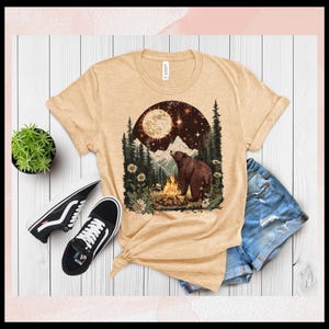 Boho Celestials Moon Bear Campfire Unisex Tee, Adventure Nature Lover Wilderness Graphic Shirt, Camping Gift, Short Sleeve T-shirt