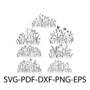 Pacote de flores silvestres Svg, Prado de flores Svg, Borda de flores SVG, Buquê de flores minimalista, Clipart de flores silvestres, Monograma dividido Svg, Floral Svg