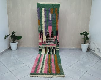 Handmade Moroccan Wool Runner Rug: Pink & Green Abstract Hallway Rug