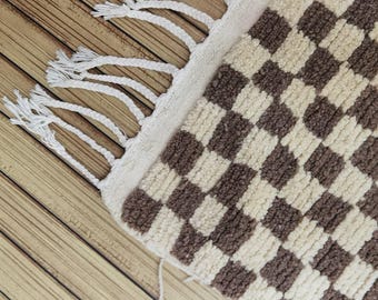Handmade Moroccan Checkered Brown & White, Custom Wool Checkerboard Rug