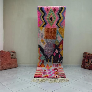 Handmade Pink Wool Moroccan Rug Runner: Abstract Berber colourful Hallway Decor image 1