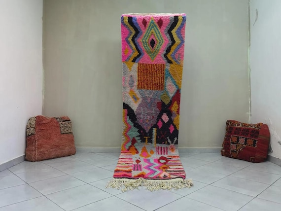 Handmade Pink Wool Moroccan Rug Runner: Abstract Berber colourful Hallway Decor