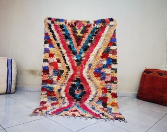 Boucherouite Moroccan Diamond 4x7 Ft Shag Rug, Vintage Colorful