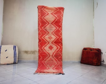 Handmade Red Moroccan Runner vintage Rug: Berber Wool Hallway rug 2 x 7 ft