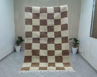 Handwoven Moroccan Checkered Wool Rug, Brown and white Beni Ourain Style