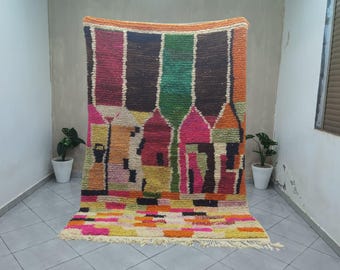 Orange Moroccan rug, Hand-Knotted Boujaad Wool Berber Rug, Custom Colourful Carpet
