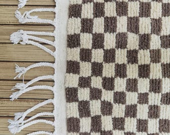 Custom Moroccan Checkered rug, Brown and White Shaggy Carpet